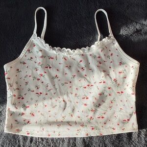 White Floral Ribbed Cami Top with Lace Trim